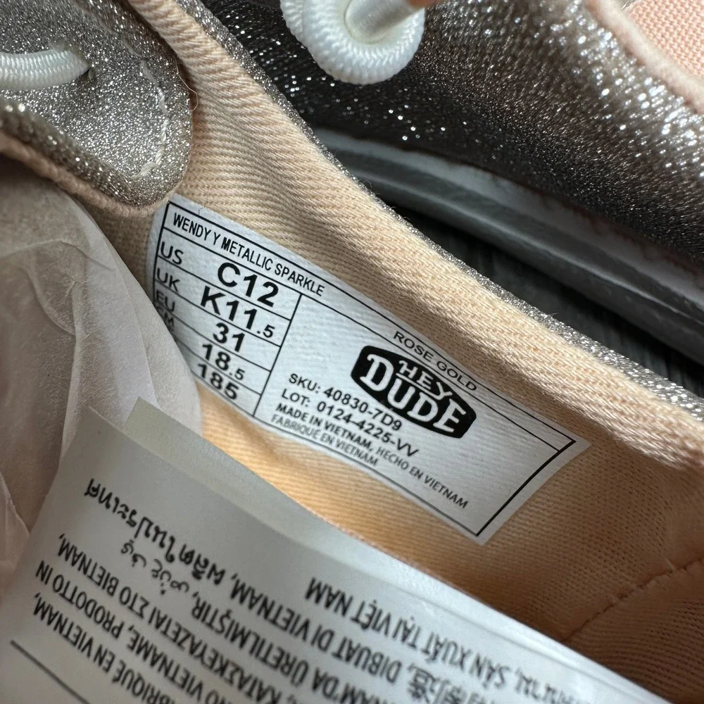 Hey Dude Wendy Shoes Kids Size C12 Rose Gold Metallic Sparkle Glitter NEW